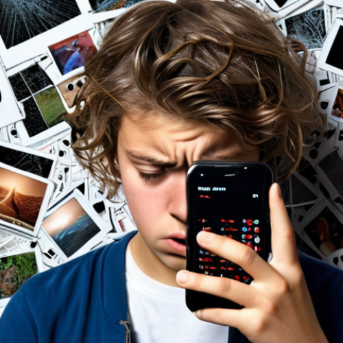 Teenager looking stressed at a phone screen filled with chaotic information, representing information overload and anxiety in the internet age.