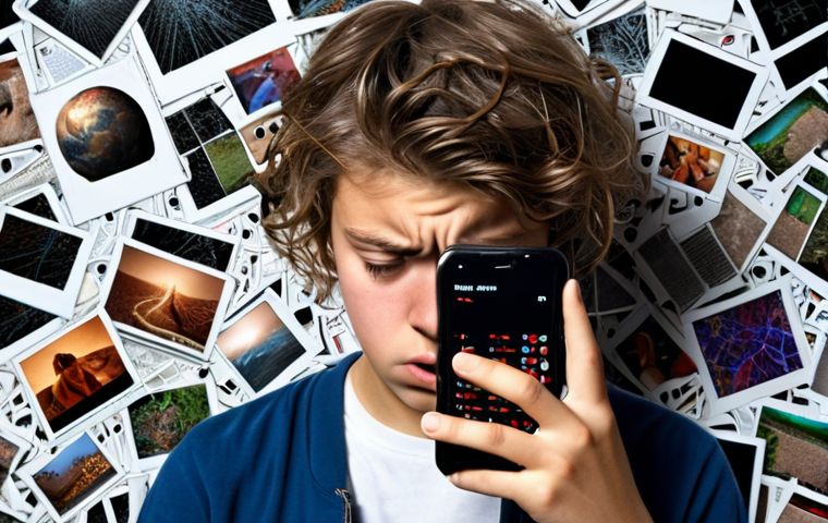 Teenager looking stressed at a phone screen filled with chaotic information, representing information overload and anxiety in the internet age.