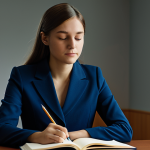 A professional female youth counselor, wearing a modest, dark blue professional dress suit, is sitting peacefully in a quiet, dimly lit modern counseling office after hours. She holds a closed journal in her lap, eyes gently closed in a moment of calm introspection. Soft, warm ambient light from a desk lamp illuminates a corner of the room. professional photography, high detail, sharp focus, serene atmosphere, professional, safe for work, appropriate content, fully clothed, modest clothing, appropriate attire, perfect anatomy, correct proportions, natural pose, well-formed hands, proper finger count, natural body proportions.
