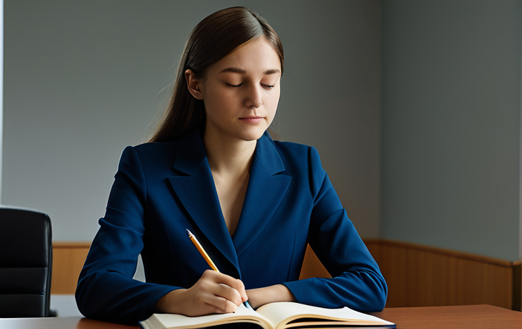 A professional female youth counselor, wearing a modest, dark blue professional dress suit, is sitting peacefully in a quiet, dimly lit modern counseling office after hours. She holds a closed journal in her lap, eyes gently closed in a moment of calm introspection. Soft, warm ambient light from a desk lamp illuminates a corner of the room. professional photography, high detail, sharp focus, serene atmosphere, professional, safe for work, appropriate content, fully clothed, modest clothing, appropriate attire, perfect anatomy, correct proportions, natural pose, well-formed hands, proper finger count, natural body proportions.