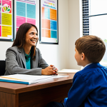 **

"A friendly and approachable school counselor, fully clothed in professional attire, sitting in a brightly lit office, talking to a young student. The office is decorated with colorful posters promoting positive mental health. The counselor is smiling warmly and making eye contact.  Safe for work, appropriate content, family-friendly, perfect anatomy, natural proportions, well-formed hands, proper finger count."

**