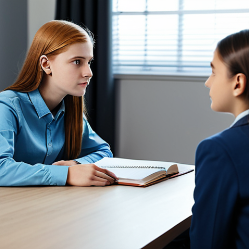 ** A professional youth counselor in a modern office, fully clothed in modest attire, listening attentively to a teenage girl. Focus on empathy and understanding. Safe for work, appropriate content, perfect anatomy, natural pose, high quality.

**