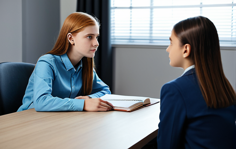 ** A professional youth counselor in a modern office, fully clothed in modest attire, listening attentively to a teenage girl. Focus on empathy and understanding. Safe for work, appropriate content, perfect anatomy, natural pose, high quality.

**
