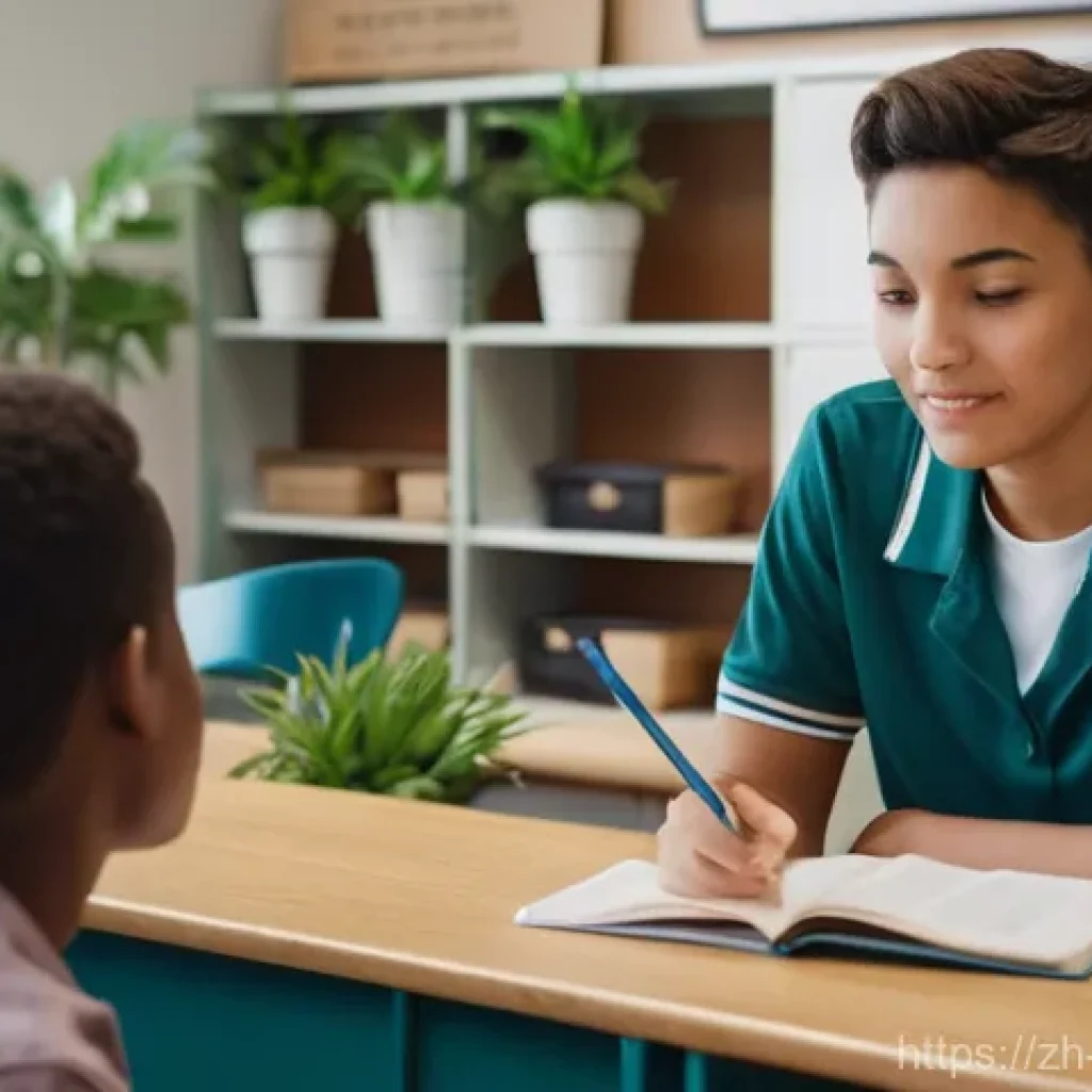청소년상담사 자격증 소지 후 선택 가능한 직업군 - **A heartwarming scene in a high school counseling office.** A kind, empathetic female (or male) sch...