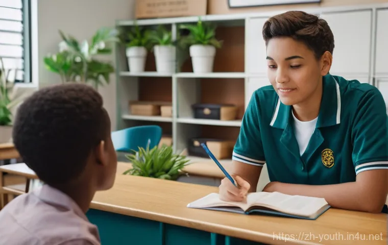 청소년상담사 자격증 소지 후 선택 가능한 직업군 - **A heartwarming scene in a high school counseling office.** A kind, empathetic female (or male) sch...