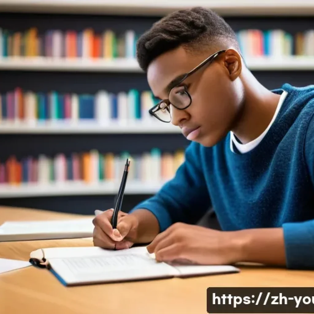 청소년상담사 시험의 고득점 비법 공개 - A focused young adult, possibly a high school student or college student, deeply engrossed in studyi...