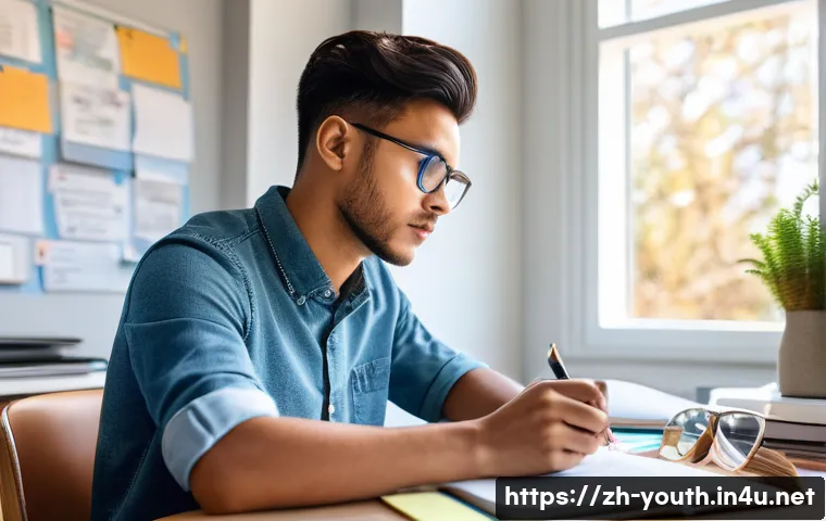 청소년상담사 시험 준비에 도움이 되는 자료 - A focused young adult studying at a tidy desk in a modern, bright room, surrounded by open textbooks...