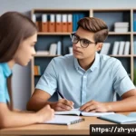 청소년상담사 실습보고서 작성법 - A professional young counselor in a modern office setting, attentively listening to a teenage client...