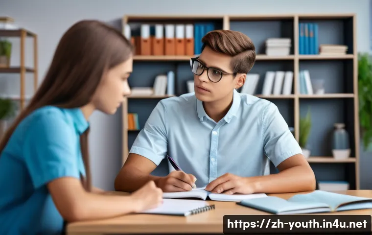 청소년상담사 실습보고서 작성법 - A professional young counselor in a modern office setting, attentively listening to a teenage client...