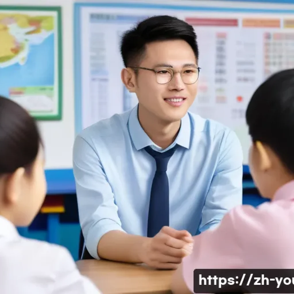 청소년상담사 자격증 취득 후 전망 - A professional teenage counselor in a modern Chinese middle school setting, wearing neat business ca...