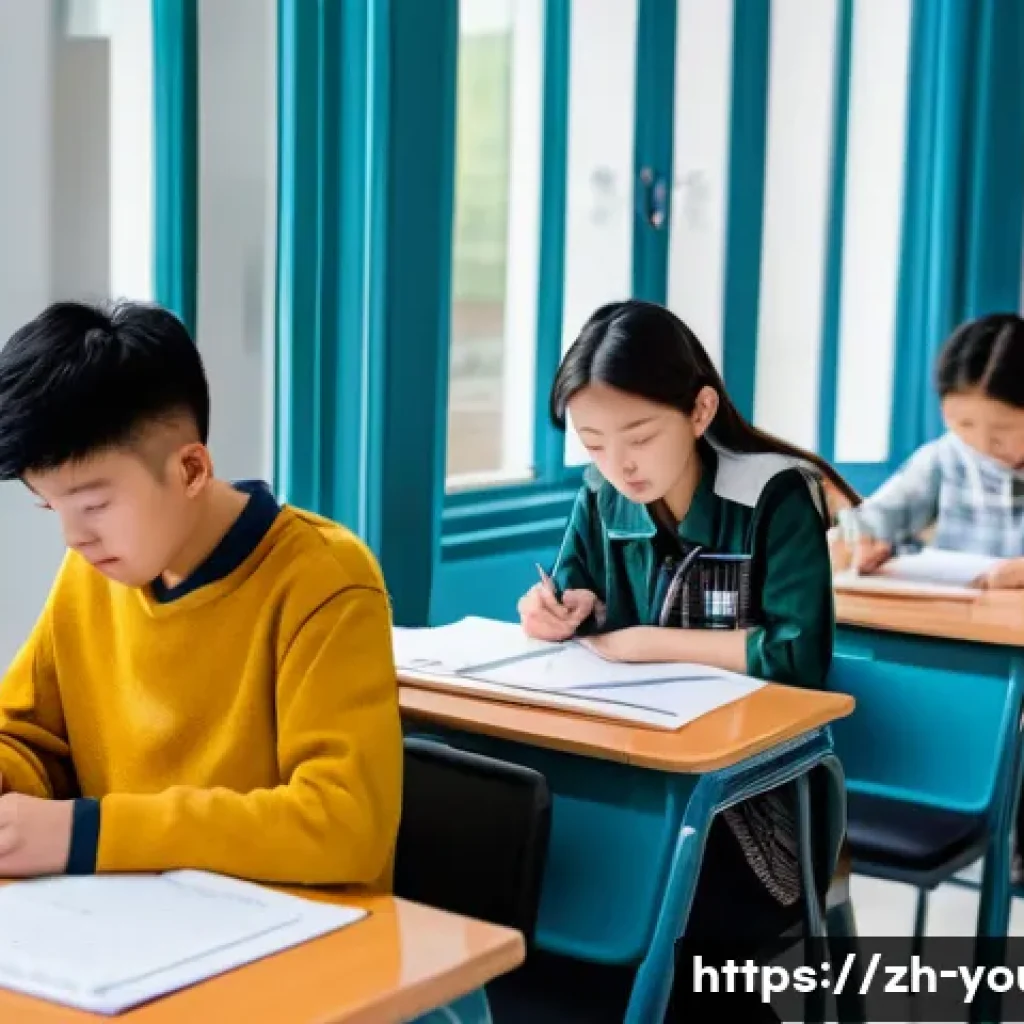 청소년상담사 자격증 시험장 팁 - A modern Chinese exam room scene showing a diverse group of teenage students sitting at individual d...