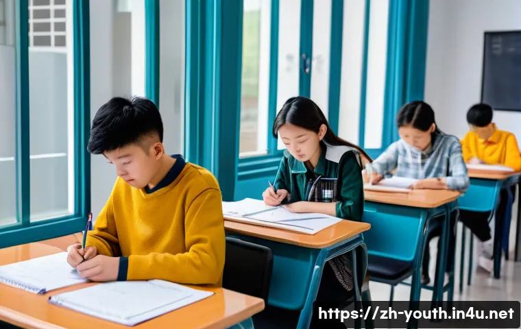 청소년상담사 자격증 시험장 팁 - A modern Chinese exam room scene showing a diverse group of teenage students sitting at individual d...