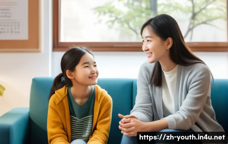 청소년상담사와 청소년 심리치료 차이 - A warm and inviting school counseling room scene, featuring a compassionate teenage psychological co...