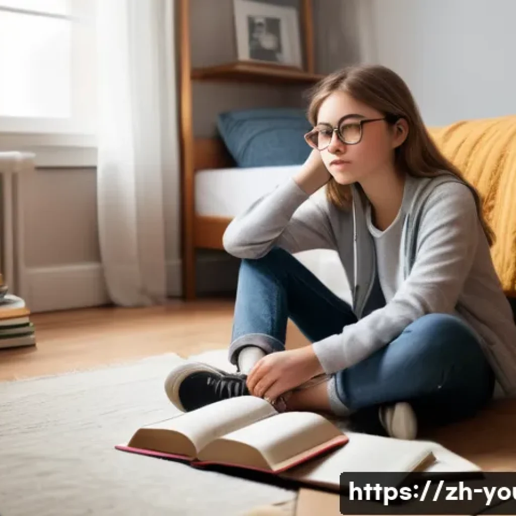 청소년상담사 상담 사례집 다운로드 - A thoughtful teenage girl sitting on a cozy bedroom floor, surrounded by schoolbooks and a journal, ...