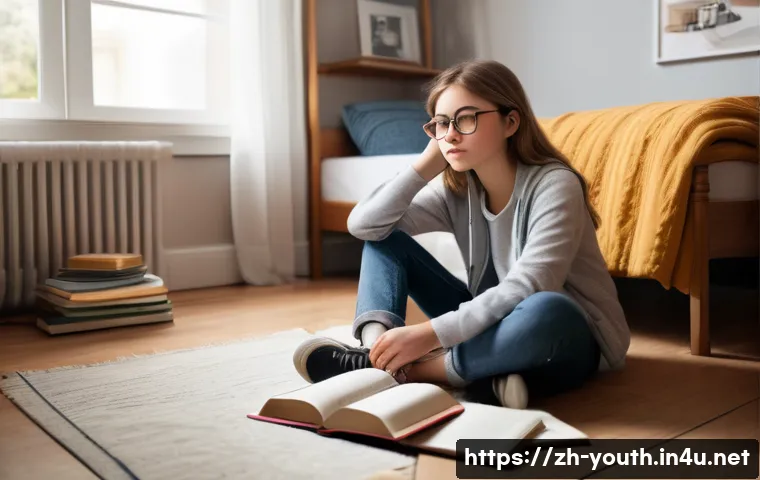 청소년상담사 상담 사례집 다운로드 - A thoughtful teenage girl sitting on a cozy bedroom floor, surrounded by schoolbooks and a journal, ...