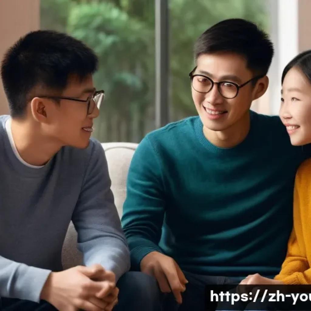 청소년상담사와 부모 상담 기술 - A warm and cozy family living room scene showing a Chinese teenage boy and his parents engaged in a ...