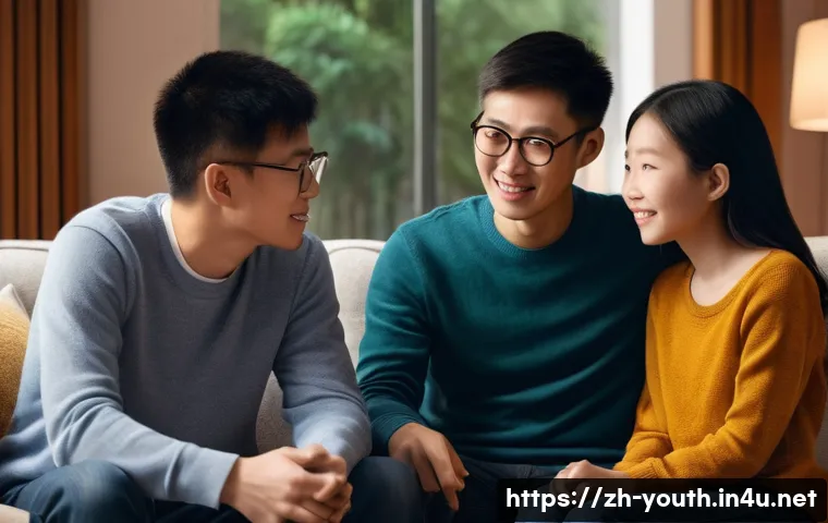 청소년상담사와 부모 상담 기술 - A warm and cozy family living room scene showing a Chinese teenage boy and his parents engaged in a ...