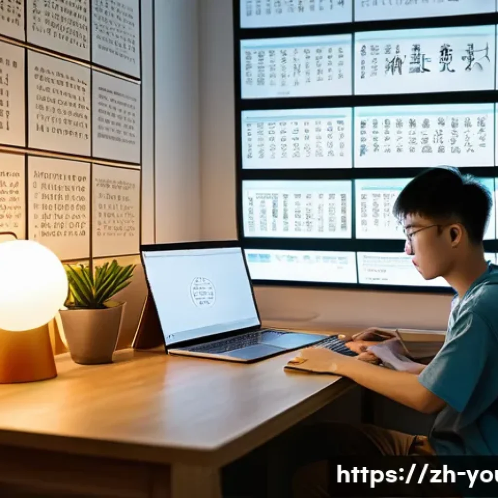청소년상담사 자격증 보유자 추천 사이트 - A modern digital learning environment showing a young Chinese adult studying on a laptop surrounded ...