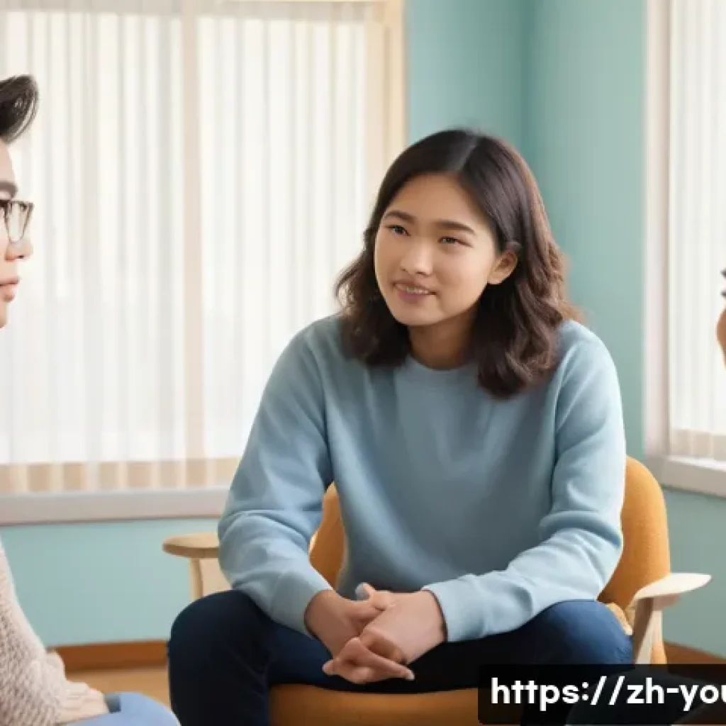 청소년상담사 실무에서의 갈등 관리 - A diverse group of Asian teenagers sitting in a warm, softly lit counseling room, engaging in open d...