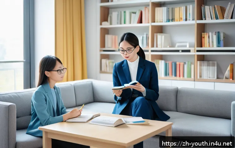 청소년상담사 시험의 필기와 실기 과목 차이 - A professional counseling scene set in a modern, bright office where a young adult psychologist, wea...