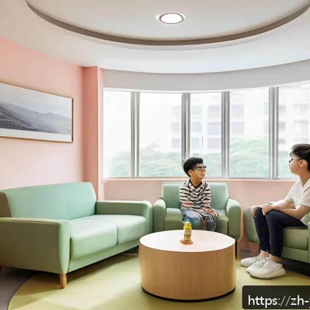청소년상담사 실습 중 어려움 해결 사례 - A warm and inviting counseling room designed for teenagers, featuring soft natural lighting, comfort...