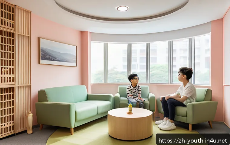 청소년상담사 실습 중 어려움 해결 사례 - A warm and inviting counseling room designed for teenagers, featuring soft natural lighting, comfort...