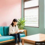 청소년상담사 상담 기법 소개 - A warm and inviting counseling room scene showing a teenage girl sitting comfortably on a cozy armch...