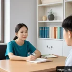 청소년상담사 실기시험 채점 기준 - A professional counseling session scene set in a modern, bright office with natural light, featuring...