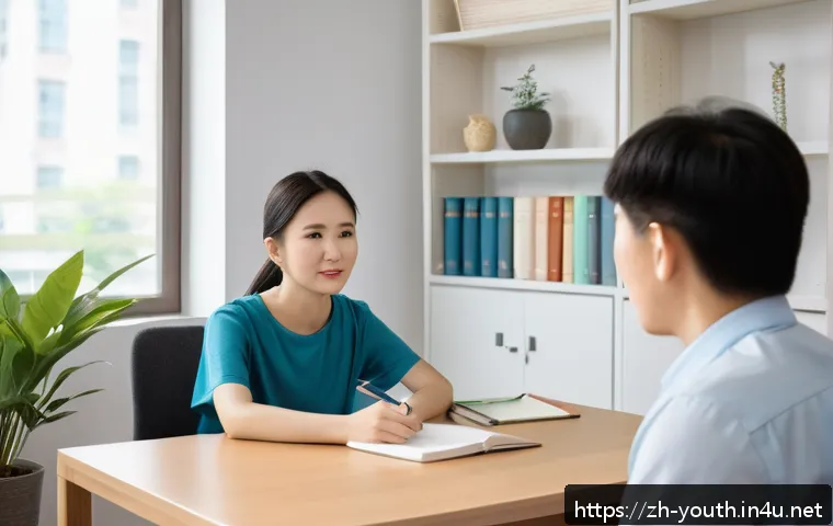 청소년상담사 실기시험 채점 기준 - A professional counseling session scene set in a modern, bright office with natural light, featuring...