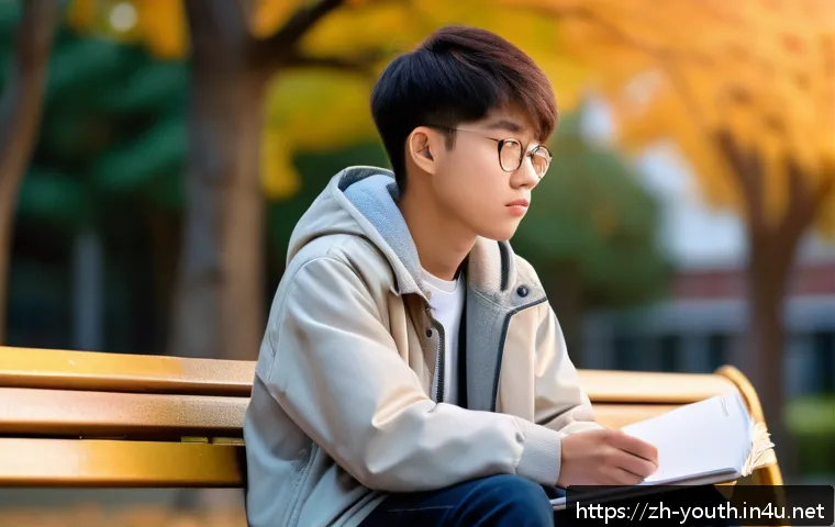 청소년상담사와 청소년 문제 행동 치료 - A thoughtful Asian teenage boy sitting alone on a school bench during sunset, wearing casual modern ...