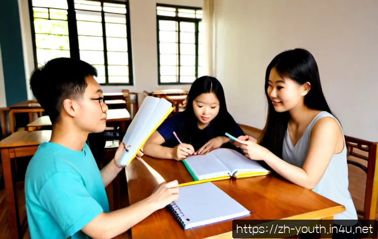청소년상담사 자격증 공부를 위한 그룹 스터디 - Photorealistic evening group study session for youth counselor certification, four diverse young adu...